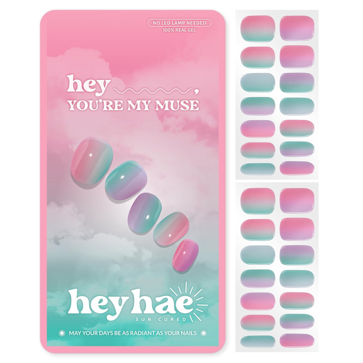 Heyhae Semi Cured Gel-Nagelstreifen – Keine LED-Lampe nötig, Pink Regenbogen, einfaches Auftragen & Entfernen, Salonqualität – 28 Streifen, 2 Vorbereitungspads, Nagelfeile & Holzstab – „Hey, You're My Muse“