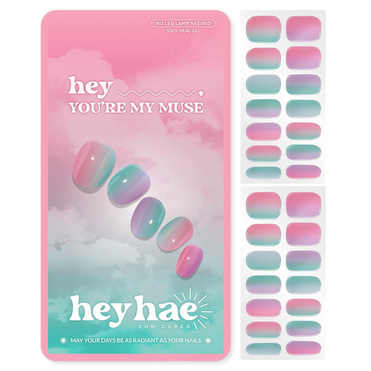 Heyhae Semi Cured Gel-Nagelstreifen – Keine LED-Lampe nötig, Pink Regenbogen, einfaches Auftragen & Entfernen, Salonqualität – 28 Streifen, 2 Vorbereitungspads, Nagelfeile & Holzstab – „Hey, You're My Muse“
