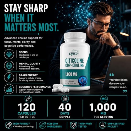 Leaping Lynx Citicolin 1000 mg (CDP-Cholin) Kapseln – 120 Stück – CDP-Cholin Nahrungsergänzungsmittel für Gehirn, Fokus & Gedächtnisunterstützung – Nootropikum Cholin – Non-GMO, ISO-zertifiziert