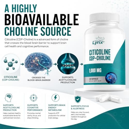 Leaping Lynx Citicolin 1000 mg (CDP-Cholin) Kapseln – 120 Stück – CDP-Cholin Nahrungsergänzungsmittel für Gehirn, Fokus & Gedächtnisunterstützung – Nootropikum Cholin – Non-GMO, ISO-zertifiziert