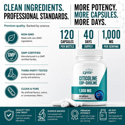 Leaping Lynx Citicolin 1000 mg (CDP-Cholin) Kapseln – 120 Stück – CDP-Cholin Nahrungsergänzungsmittel für Gehirn, Fokus & Gedächtnisunterstützung – Nootropikum Cholin – Non-GMO, ISO-zertifiziert