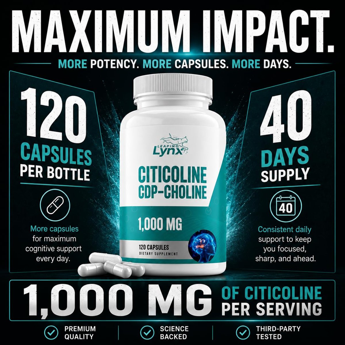 Leaping Lynx Citicolin 1000 mg (CDP-Cholin) Kapseln – 120 Stück – CDP-Cholin Nahrungsergänzungsmittel für Gehirn, Fokus & Gedächtnisunterstützung – Nootropikum Cholin – Non-GMO, ISO-zertifiziert
