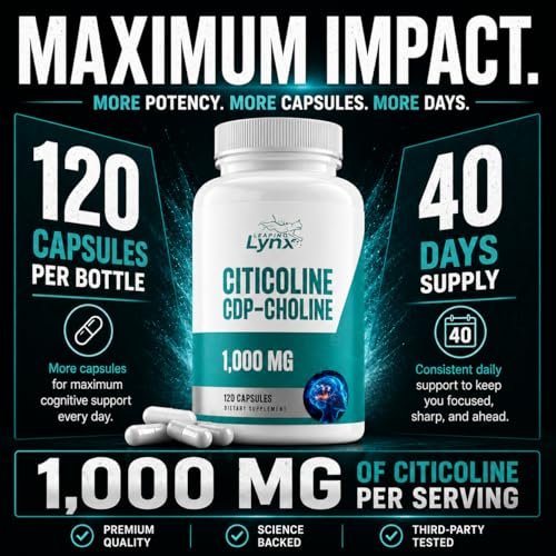 Leaping Lynx Citicolin 1000 mg (CDP-Cholin) Kapseln – 120 Stück – CDP-Cholin Nahrungsergänzungsmittel für Gehirn, Fokus & Gedächtnisunterstützung – Nootropikum Cholin – Non-GMO, ISO-zertifiziert