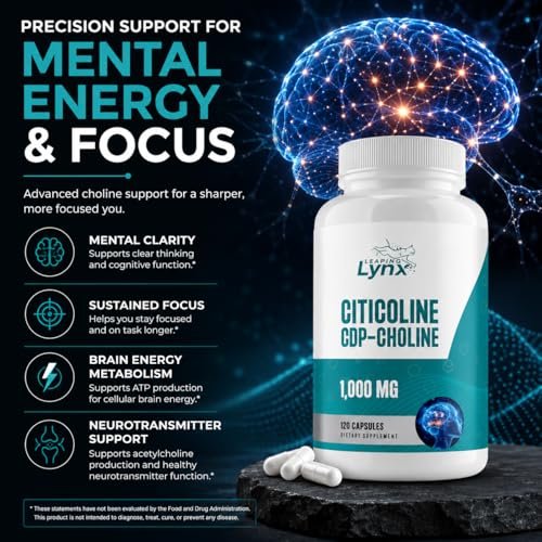 Leaping Lynx Citicolin 1000 mg (CDP-Cholin) Kapseln – 120 Stück – CDP-Cholin Nahrungsergänzungsmittel für Gehirn, Fokus & Gedächtnisunterstützung – Nootropikum Cholin – Non-GMO, ISO-zertifiziert