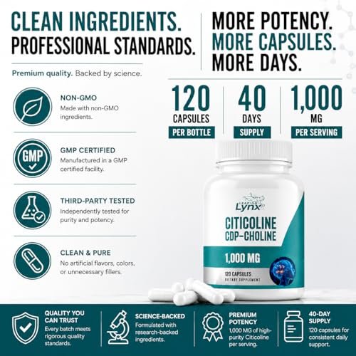 Leaping Lynx Citicolin 1000 mg (CDP-Cholin) Kapseln – 120 Stück – CDP-Cholin Nahrungsergänzungsmittel für Gehirn, Fokus & Gedächtnisunterstützung – Nootropikum Cholin – Non-GMO, ISO-zertifiziert