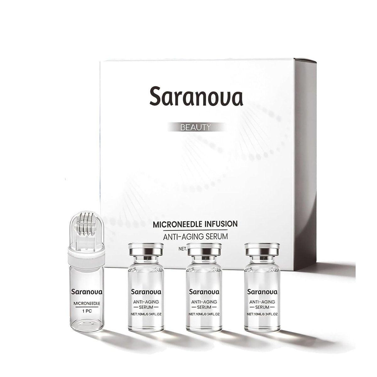 Saranova Micro Infusion System für das Gesicht – Feuchtigkeitsspendendes Serum für glatte Haut, Anti-Aging Gesichtsserum und Stempel, 1-Monatsvorrat (4 x 20 ml)