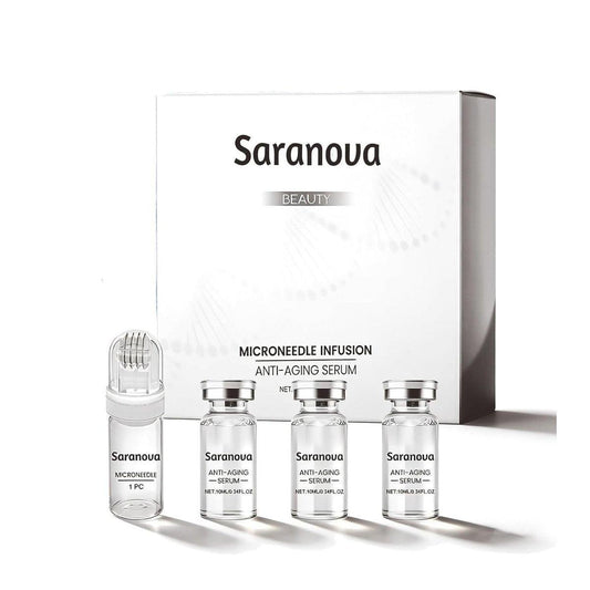 Saranova Micro Infusion System für das Gesicht – Feuchtigkeitsspendendes Serum für glatte Haut, Anti-Aging Gesichtsserum und Stempel, 1-Monatsvorrat (4 x 20 ml)