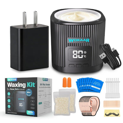 Wokaar Digitales Ohren- und Nasenwachsset mit Netzadapter, 100g Wachs, 50 Applikatoren, Effektive schmerzfreie Augenbrauen- und Gesichtshaarentfernung für Männer und Frauen, 109-teiliges professionelles Heimwachsset