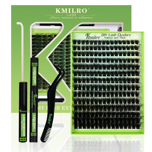 Kmilro Wimperncluster Set 8-18mm Volumen Wimpernverlängerung Kit Dicke Wimperncluster 224 Stück Einzelwimpern Weiche Wispy False Lashes Ultra-dünnes Schwarzes Band DIY Wimpernverlängerung