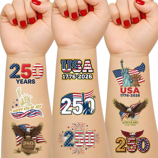 250. Jahrestag USA Temporäre Tattoos - 15 Blatt 250 JAHRE Amerikanische Flagge Aufkleber, 60 Stile, 1776-2026 Jubiläumsdekoration für den 4. Juli