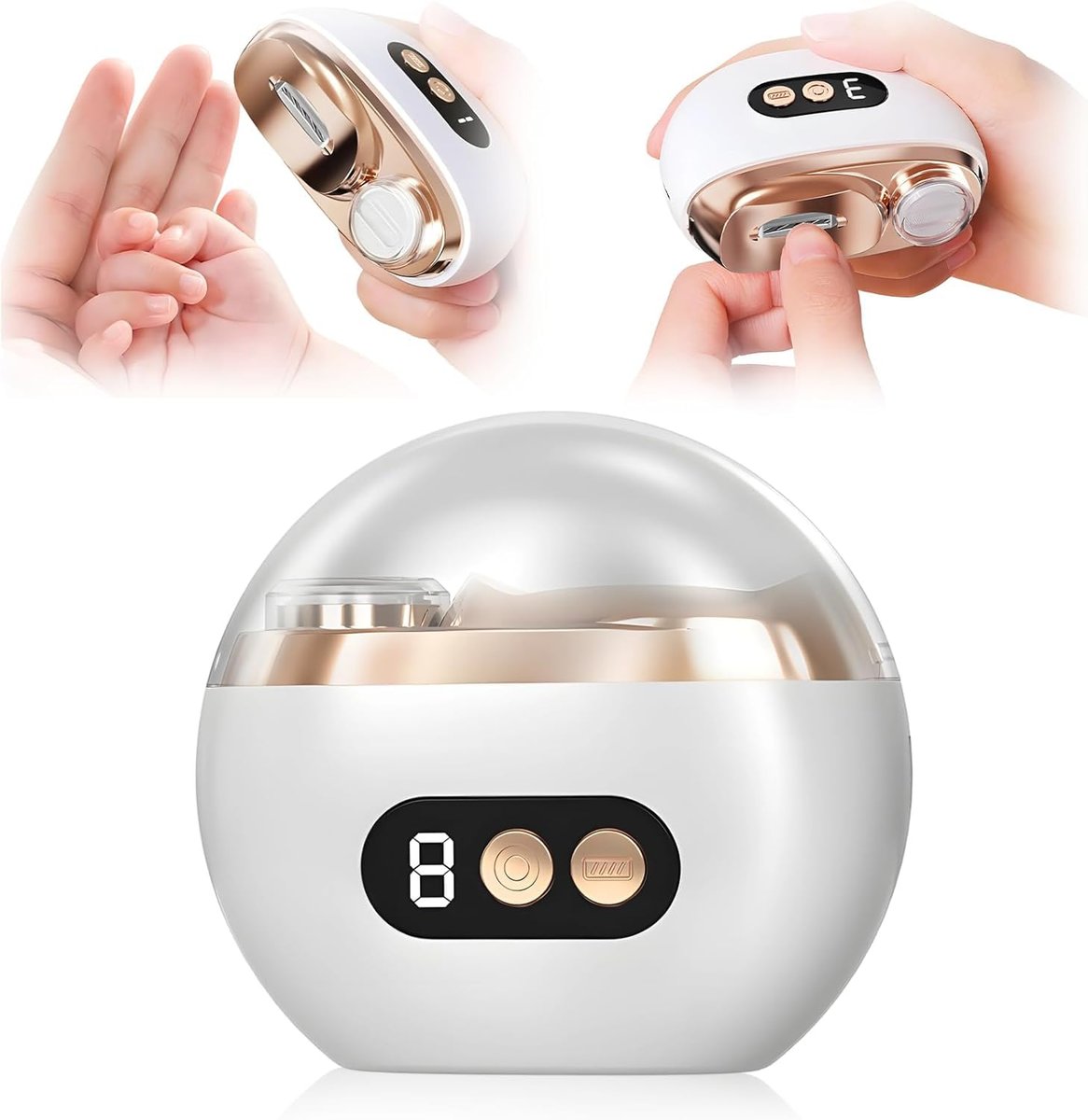Multifunktioneller elektrischer Nagelclipper – 3-in-1 Aufsätze, 3 Geschwindigkeitsstufen, Beleuchtung, für Senioren und Erwachsene (Weiß)