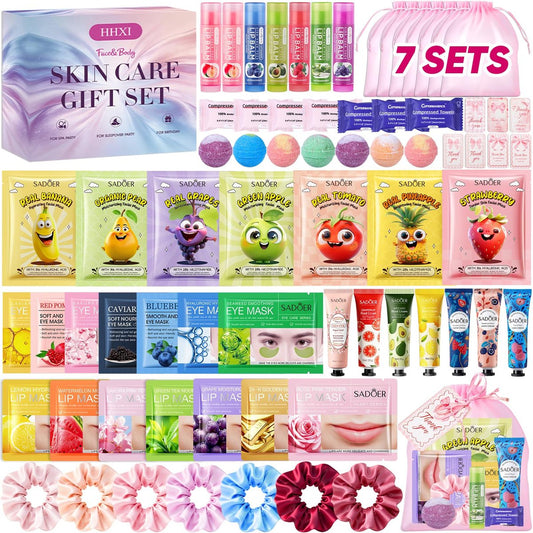 HHXI 70-teiliges Spa-Party-Set für Mädchen – Gesichtsmasken, Hautpflege, Handcreme, Lippenbalsam, Augenpflaster, Lippenmasken und Fußbadebomben – Geburtstags- und Übernachtungsparty-Zubehör