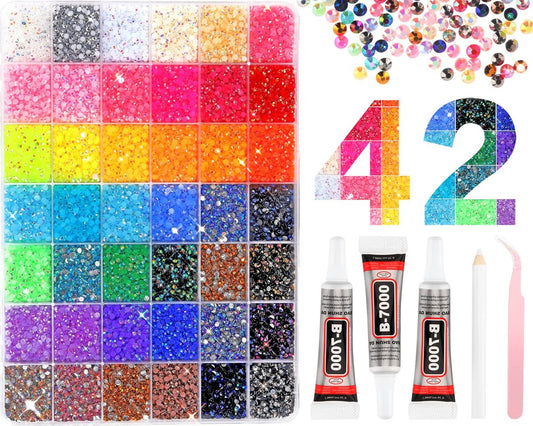 ALTRJO 40000 Stücke 42 Farben Harz Jelly Strasssteine zum Verzieren, 3mm mehrfarbige Harz Flachrücksteine für Diamond Art, Strass-Set mit 3x 10ml B7000 Schmuckkleber für DIY-Basteln, Schuhe, Bücher