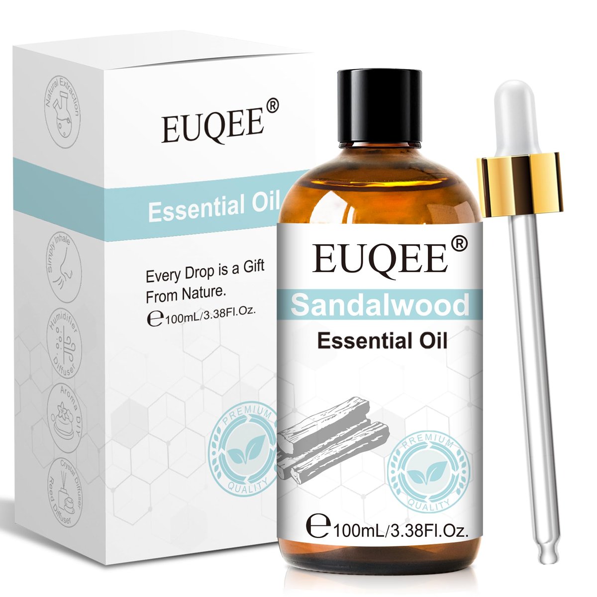 EUQEE 100ml Sandelholz Ätherisches Öl – Reines Sandelholzöl für Diffuser, Massage, Seifen- und Kerzenherstellung sowie Haut- und Haarpflege – 100 ml
