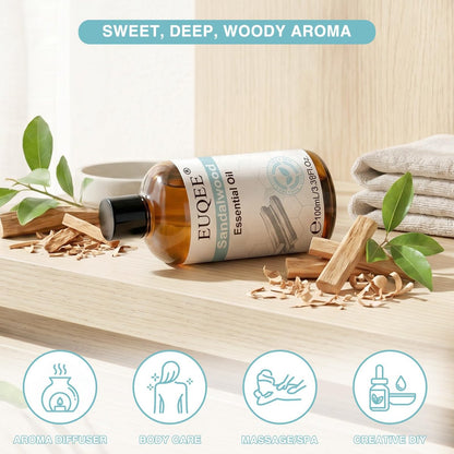 EUQEE 100ml Sandelholz Ätherisches Öl – Reines Sandelholzöl für Diffuser, Massage, Seifen- und Kerzenherstellung sowie Haut- und Haarpflege – 100 ml