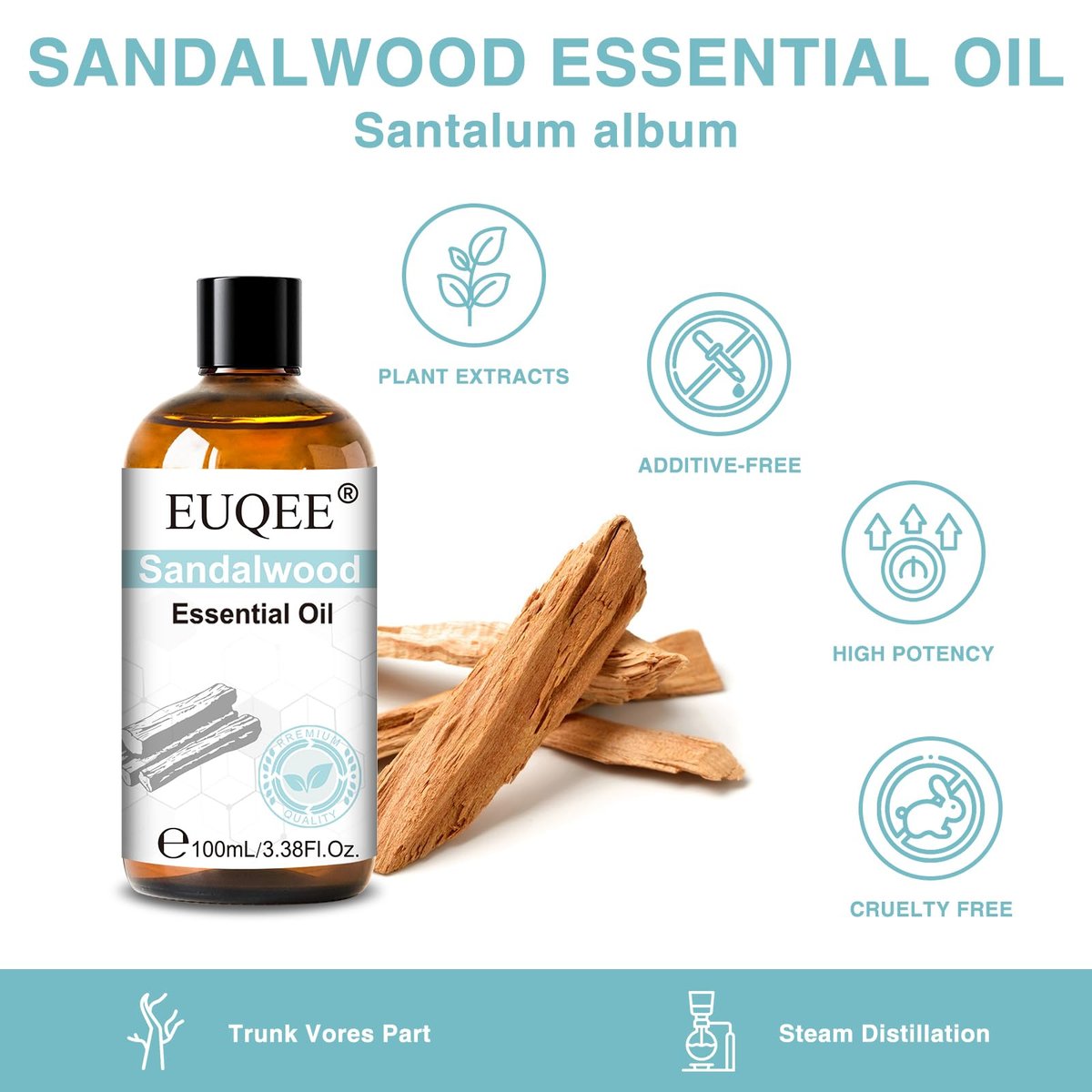 EUQEE 100ml Sandelholz Ätherisches Öl – Reines Sandelholzöl für Diffuser, Massage, Seifen- und Kerzenherstellung sowie Haut- und Haarpflege – 100 ml