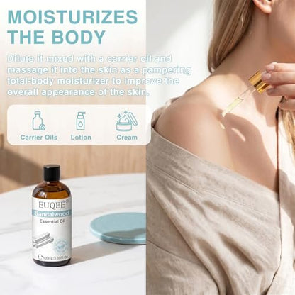 EUQEE 100ml Sandelholz Ätherisches Öl – Reines Sandelholzöl für Diffuser, Massage, Seifen- und Kerzenherstellung sowie Haut- und Haarpflege – 100 ml