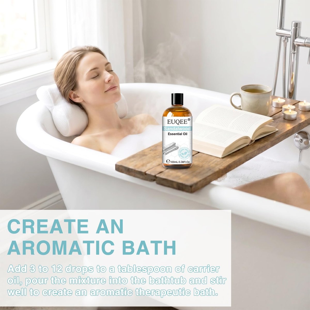 EUQEE 100ml Sandelholz Ätherisches Öl – Reines Sandelholzöl für Diffuser, Massage, Seifen- und Kerzenherstellung sowie Haut- und Haarpflege – 100 ml