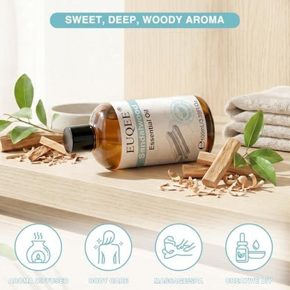 EUQEE 100ml Sandelholz Ätherisches Öl – Reines Sandelholzöl für Diffuser, Massage, Seifen- und Kerzenherstellung sowie Haut- und Haarpflege – 100 ml