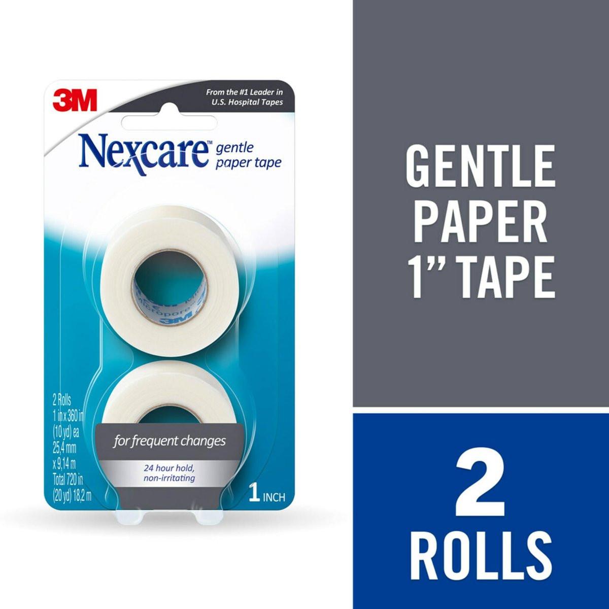 Nexcare Sanftes Papierband, medizinisches Papierpflaster, sichert Verbände und löst sich sanft, 2,5 cm x 9,1 m, 2er-Pack (4 Rollen)