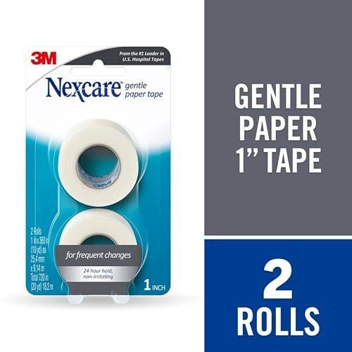 Nexcare Sanftes Papierband, medizinisches Papierpflaster, sichert Verbände und löst sich sanft, 2,5 cm x 9,1 m, 2er-Pack (4 Rollen)