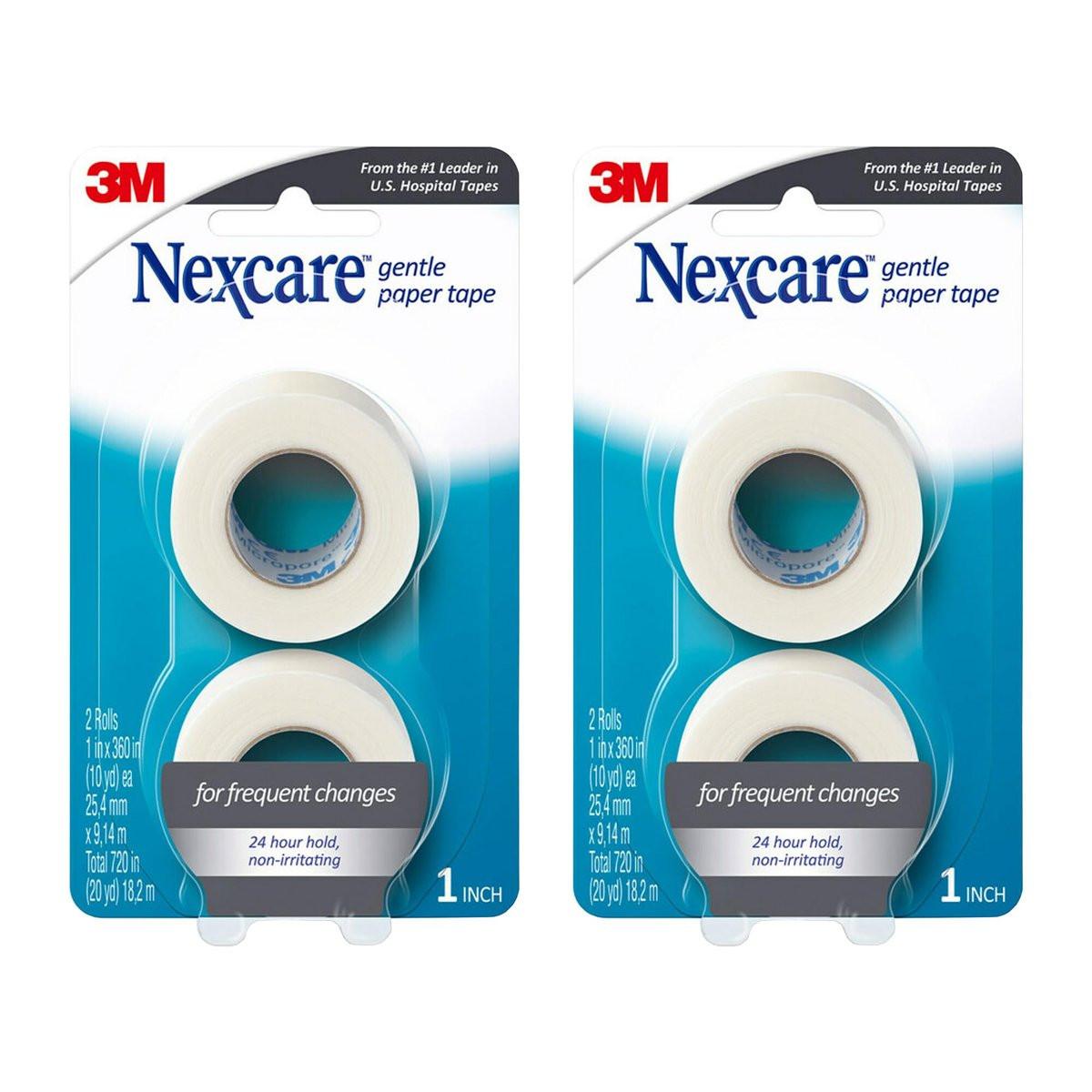 Nexcare Sanftes Papierband, medizinisches Papierpflaster, sichert Verbände und löst sich sanft, 2,5 cm x 9,1 m, 2er-Pack (4 Rollen)