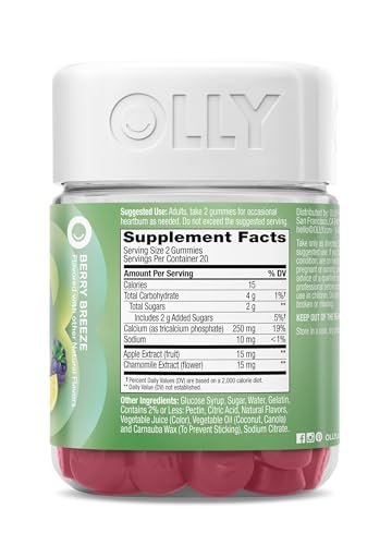 OLLY Heartburn Helper Gummis – Schnelle Linderung bei gelegentlichem Sodbrennen, Tricalciumphosphat, Beeriger Frischegeschmack, 20 Portionen – 40 Stück