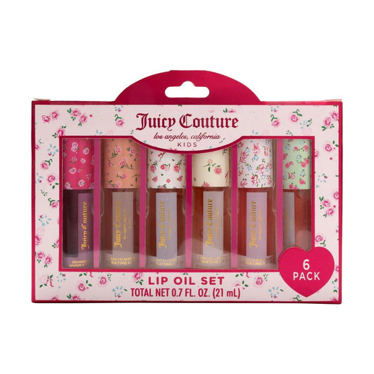 Juicy Couture Kids Hydrating Lip Oil Set – 6er Pack mit floralen Tuben, getöntes Lippenöl Geschenkset für Mädchen und Tweens