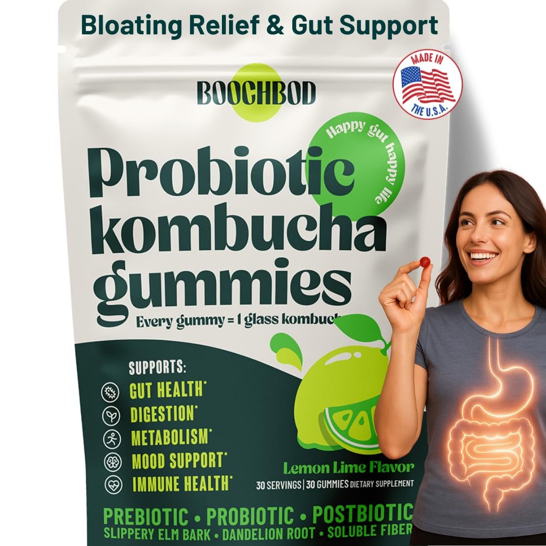 BoochBod Probiotische Kombucha Gummibärchen – Präbiotika, Probiotika, Postbiotika, Ballaststoffe, Ulme, Löwenzahnwurzel – gegen Blähungen und für die Darmgesundheit – für Frauen und Männer – Zitrone-Limette (30 Stück)