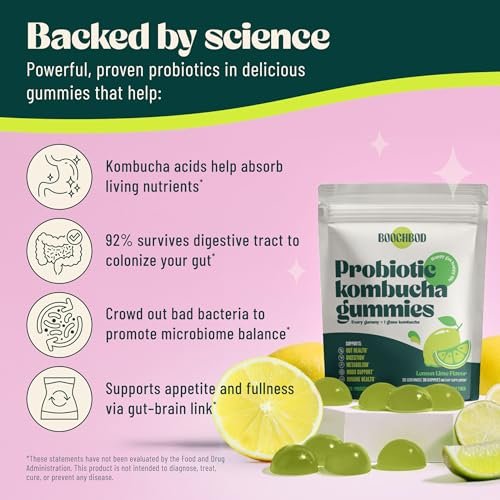 BoochBod Probiotische Kombucha Gummibärchen – Präbiotika, Probiotika, Postbiotika, Ballaststoffe, Ulme, Löwenzahnwurzel – gegen Blähungen und für die Darmgesundheit – für Frauen und Männer – Zitrone-Limette (30 Stück)