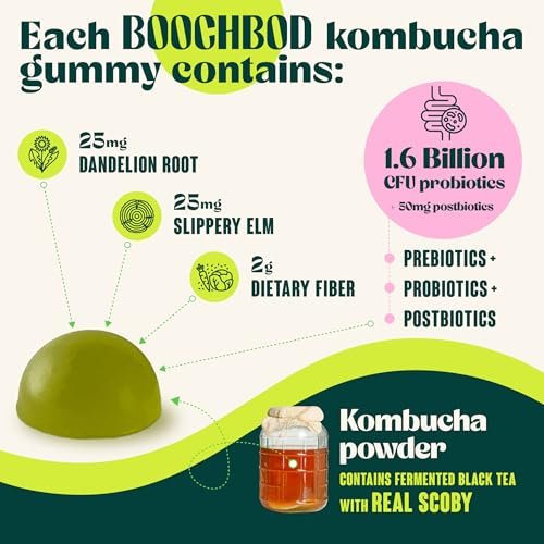 BoochBod Probiotische Kombucha Gummibärchen – Präbiotika, Probiotika, Postbiotika, Ballaststoffe, Ulme, Löwenzahnwurzel – gegen Blähungen und für die Darmgesundheit – für Frauen und Männer – Zitrone-Limette (30 Stück)