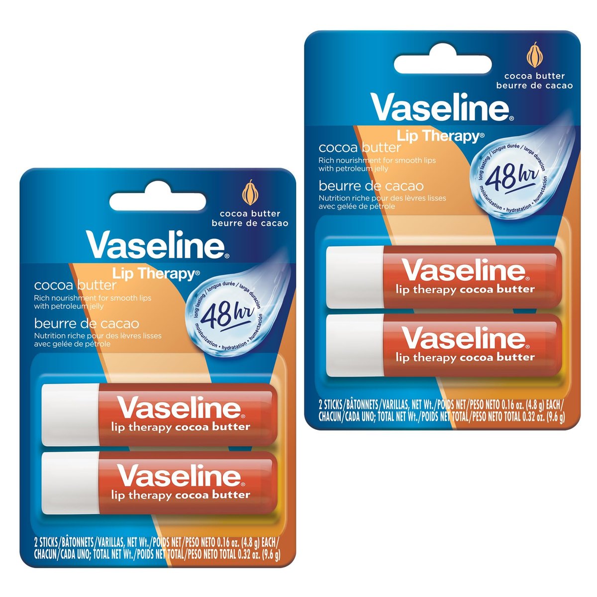 Vaseline Lip Therapy Cocoa Butter Lippenbalsam, Twin Stick, 48 Stunden Feuchtigkeitsversorgung, 2 Stück