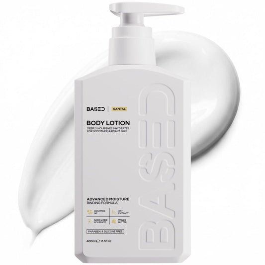BASED Body Lotion mit Ceramiden - Santal Duft - Herren Feuchtigkeitscreme - Schnell einziehend, nicht fettend - Macht trockene Haut geschmeidig - Hergestellt & abgefüllt in den USA (13,5 Fl Oz, Packung mit 1)