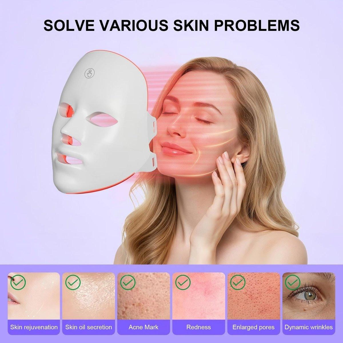 XANBYYE Rotlichttherapie-Gesichtsmaske – Anti-Aging LED-Maske mit 7 Farben und einstellbarer Helligkeit, wiederaufladbar für zu Hause