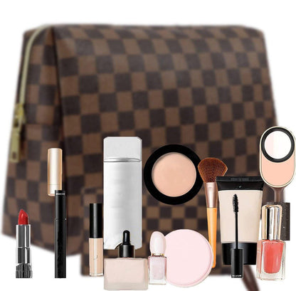 BAGCRAZY Karo Make-up-Tasche Set – Elegante Reise-Kosmetiktasche 2er-Pack, wasserdichtes PU-Leder Make-up-Organizer mit Reißverschluss für Frauen