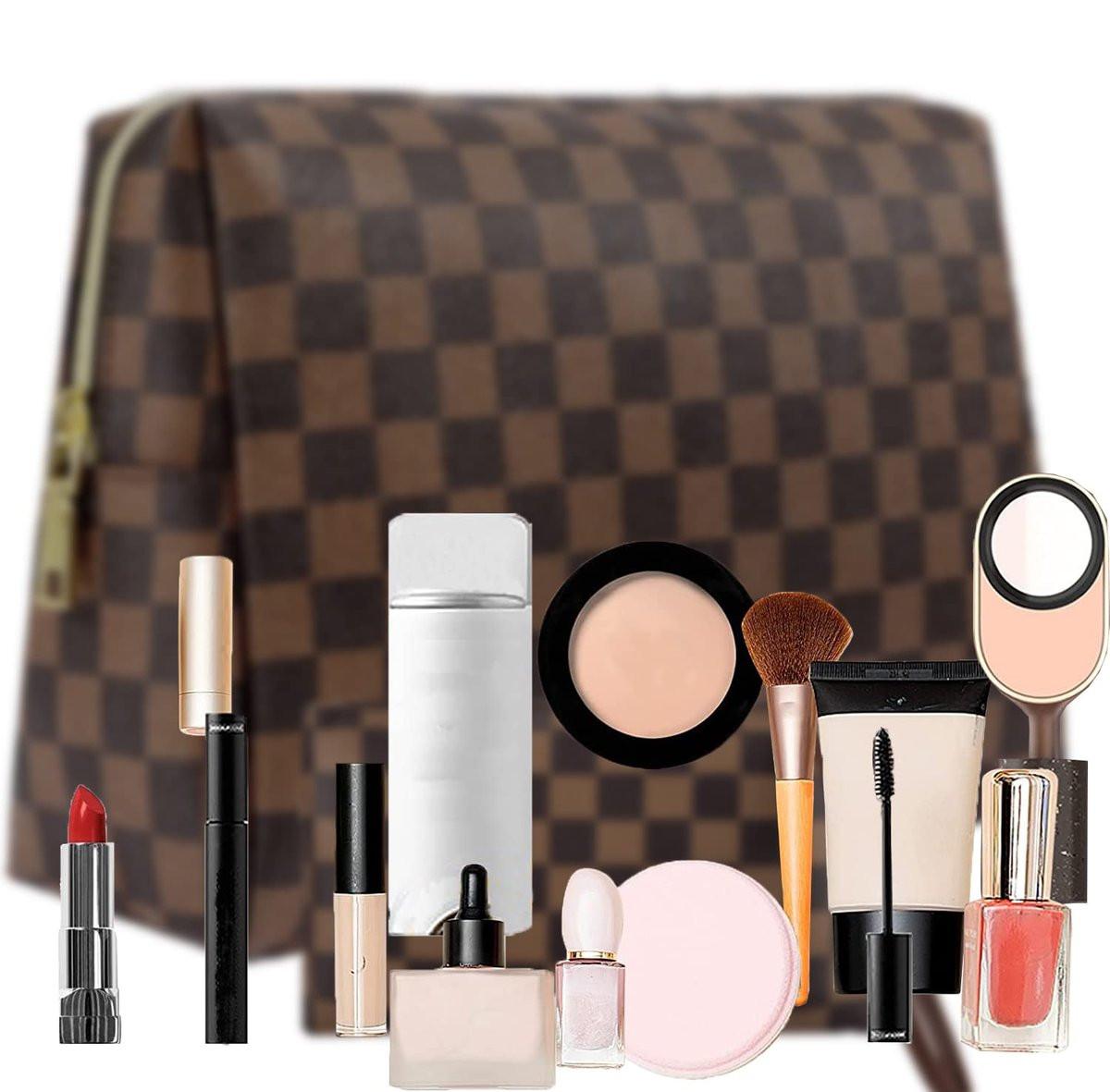 BAGCRAZY Karo Make-up-Tasche Set – Elegante Reise-Kosmetiktasche 2er-Pack, wasserdichtes PU-Leder Make-up-Organizer mit Reißverschluss für Frauen