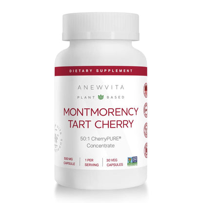 Montmorency Sauerkirsch Extrakt, Nicht GVO, Kapseln - CherryPure 50:1 Konzentrat entspricht 25.000 mg - Antioxidantien & Flavonoide, Sauerkirsch Extrakt für Gicht & Muskeln - 30 vegane Kapseln - 1 Monatsvorrat