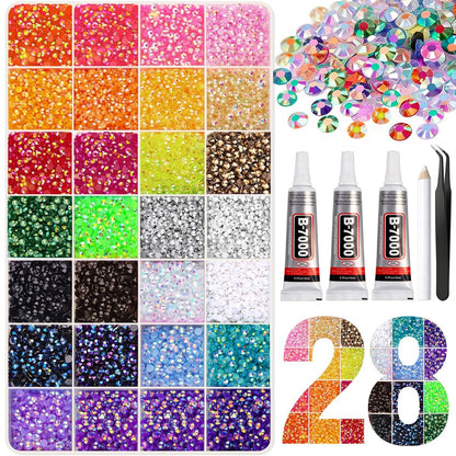 Artdone 32000 Stücke Harz Strasssteine 3mm 28 Farben für Bedazzling Glitzer Set DIY, Mehrfarbige Jelly Kristall Diamanten mit 3x 10ml B7000 Schmuckkleber für Bedazzled Nagelkunst Zubehör Dekoration