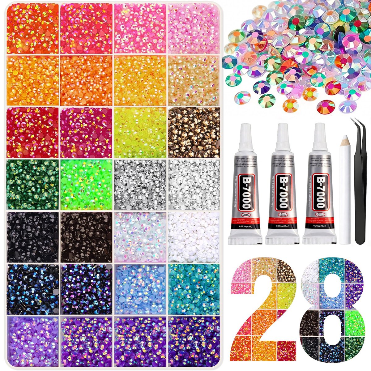 Artdone 32000 Stücke Harz Strasssteine 3mm 28 Farben für Bedazzling Glitzer Set DIY, Mehrfarbige Jelly Kristall Diamanten mit 3x 10ml B7000 Schmuckkleber für Bedazzled Nagelkunst Zubehör Dekoration