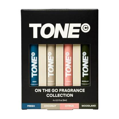 TONE 4-teiliges On-The-Go Cologne Proben Set für Männer & Frauen, vielschichtige, leichte Düfte, Reisegröße, 4 Premium-Duftrichtungen – Frisch, Citrus, Kokosnuss, Wald (je 0,3 fl oz)