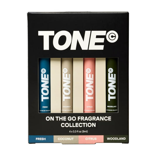 TONE 4-teiliges On-The-Go Cologne Proben Set für Männer & Frauen, vielschichtige, leichte Düfte, Reisegröße, 4 Premium-Duftrichtungen – Frisch, Citrus, Kokosnuss, Wald (je 0,3 fl oz)