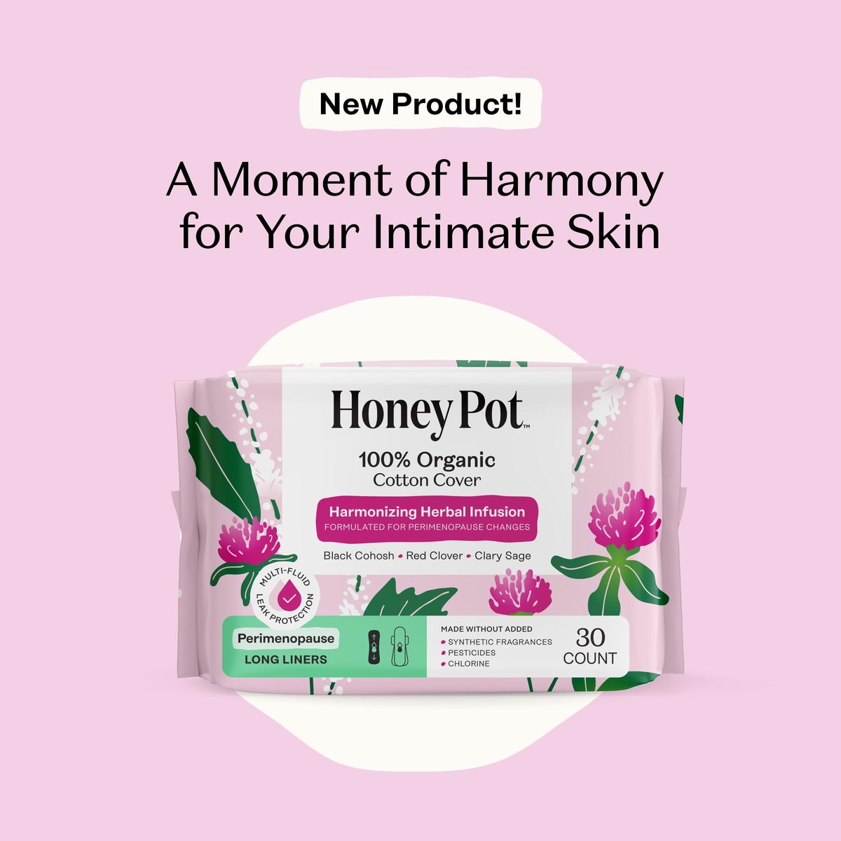 Honey Pot - Perimenopause Slipeinlagen lang - 100% Bio-Baumwoll-Vlies - Damenhygiene - Mehrfach-Flüssigkeitsaufnahme - Harmonische Kräuter mit Traubensilberkerze, Salbei & Rotklee - 30 Stück