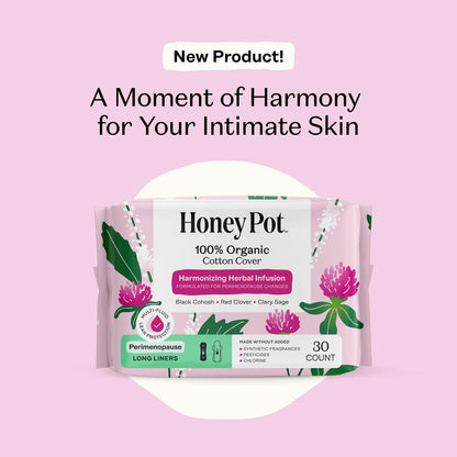 Honey Pot - Perimenopause Slipeinlagen lang - 100% Bio-Baumwoll-Vlies - Damenhygiene - Mehrfach-Flüssigkeitsaufnahme - Harmonische Kräuter mit Traubensilberkerze, Salbei & Rotklee - 30 Stück