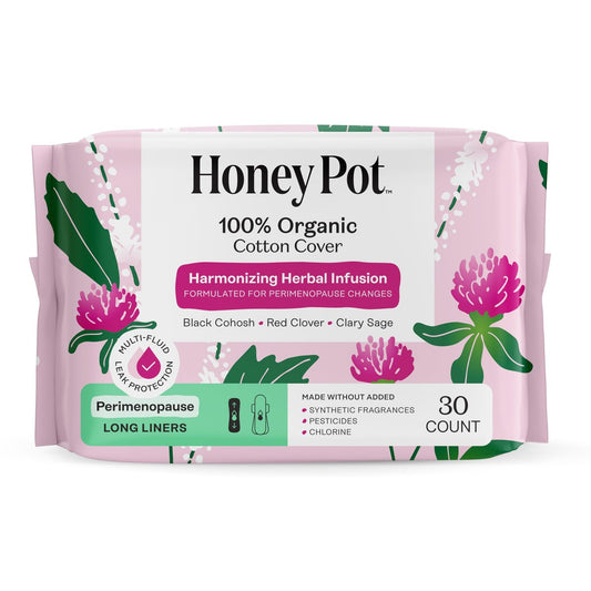 Honey Pot - Perimenopause Slipeinlagen lang - 100% Bio-Baumwoll-Vlies - Damenhygiene - Mehrfach-Flüssigkeitsaufnahme - Harmonische Kräuter mit Traubensilberkerze, Salbei & Rotklee - 30 Stück