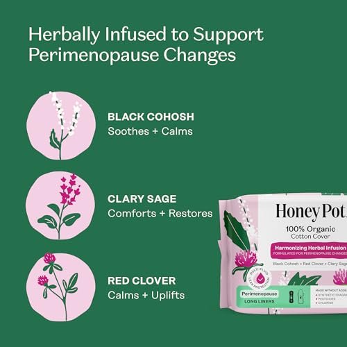 Honey Pot - Perimenopause Slipeinlagen lang - 100% Bio-Baumwoll-Vlies - Damenhygiene - Mehrfach-Flüssigkeitsaufnahme - Harmonische Kräuter mit Traubensilberkerze, Salbei & Rotklee - 30 Stück