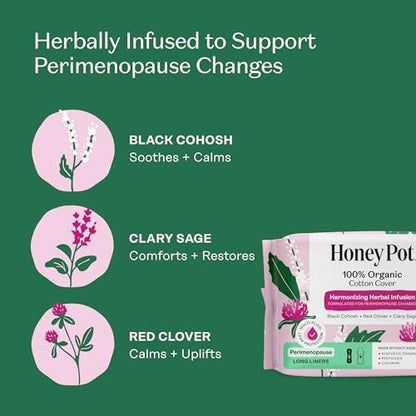 Honey Pot - Perimenopause Slipeinlagen lang - 100% Bio-Baumwoll-Vlies - Damenhygiene - Mehrfach-Flüssigkeitsaufnahme - Harmonische Kräuter mit Traubensilberkerze, Salbei & Rotklee - 30 Stück