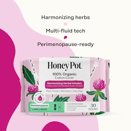 Honey Pot - Perimenopause Slipeinlagen lang - 100% Bio-Baumwoll-Vlies - Damenhygiene - Mehrfach-Flüssigkeitsaufnahme - Harmonische Kräuter mit Traubensilberkerze, Salbei & Rotklee - 30 Stück
