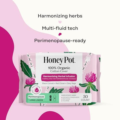 Honey Pot - Perimenopause Slipeinlagen lang - 100% Bio-Baumwoll-Vlies - Damenhygiene - Mehrfach-Flüssigkeitsaufnahme - Harmonische Kräuter mit Traubensilberkerze, Salbei & Rotklee - 30 Stück