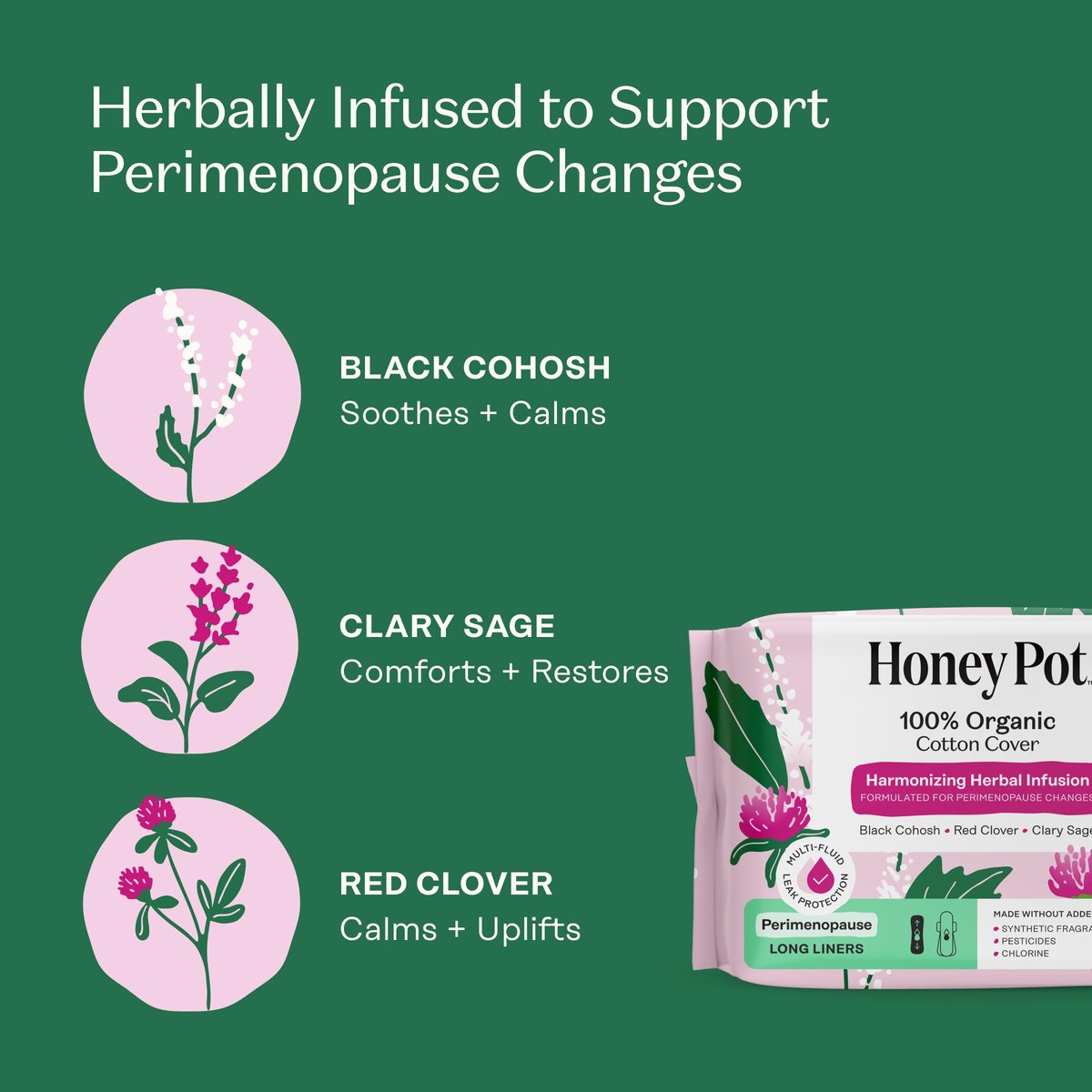 Honey Pot - Perimenopause Slipeinlagen lang - 100% Bio-Baumwoll-Vlies - Damenhygiene - Mehrfach-Flüssigkeitsaufnahme - Harmonische Kräuter mit Traubensilberkerze, Salbei & Rotklee - 30 Stück