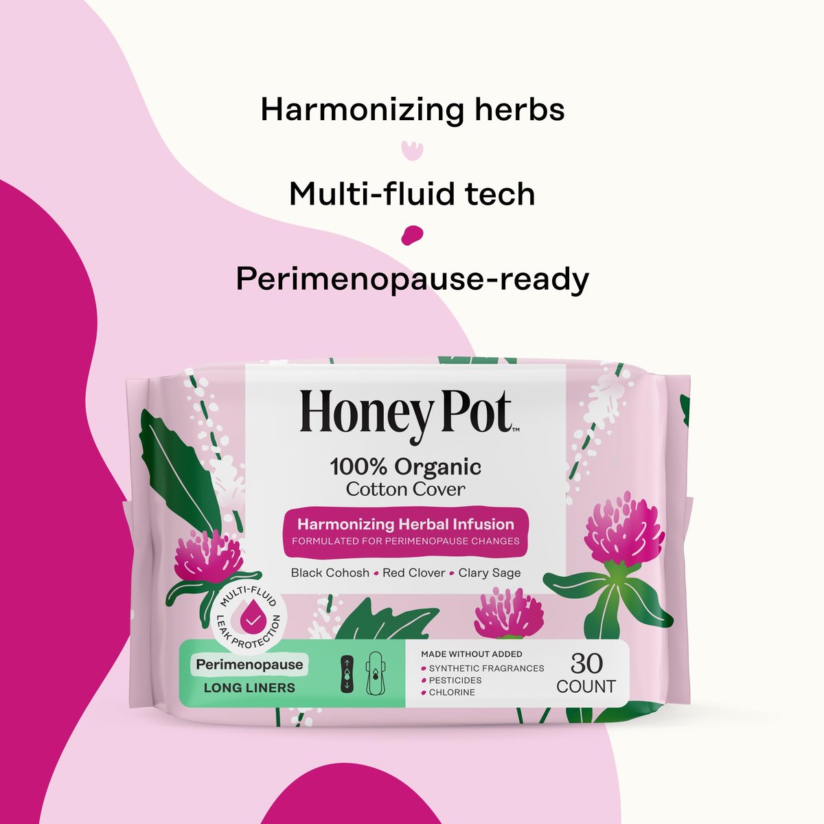 Honey Pot - Perimenopause Slipeinlagen lang - 100% Bio-Baumwoll-Vlies - Damenhygiene - Mehrfach-Flüssigkeitsaufnahme - Harmonische Kräuter mit Traubensilberkerze, Salbei & Rotklee - 30 Stück
